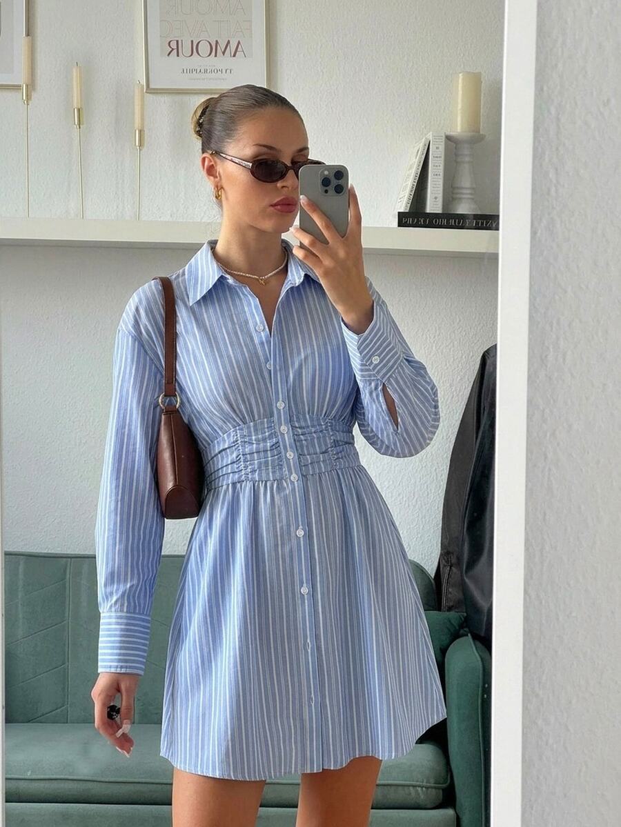 Serisse Striped Print Drop Shoulder Ruched Waist Shirt Dress - Blue - View 1
