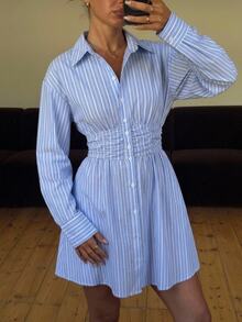 Serisse Striped Print Drop Shoulder Ruched Waist Shirt Dress - Blue - View 4