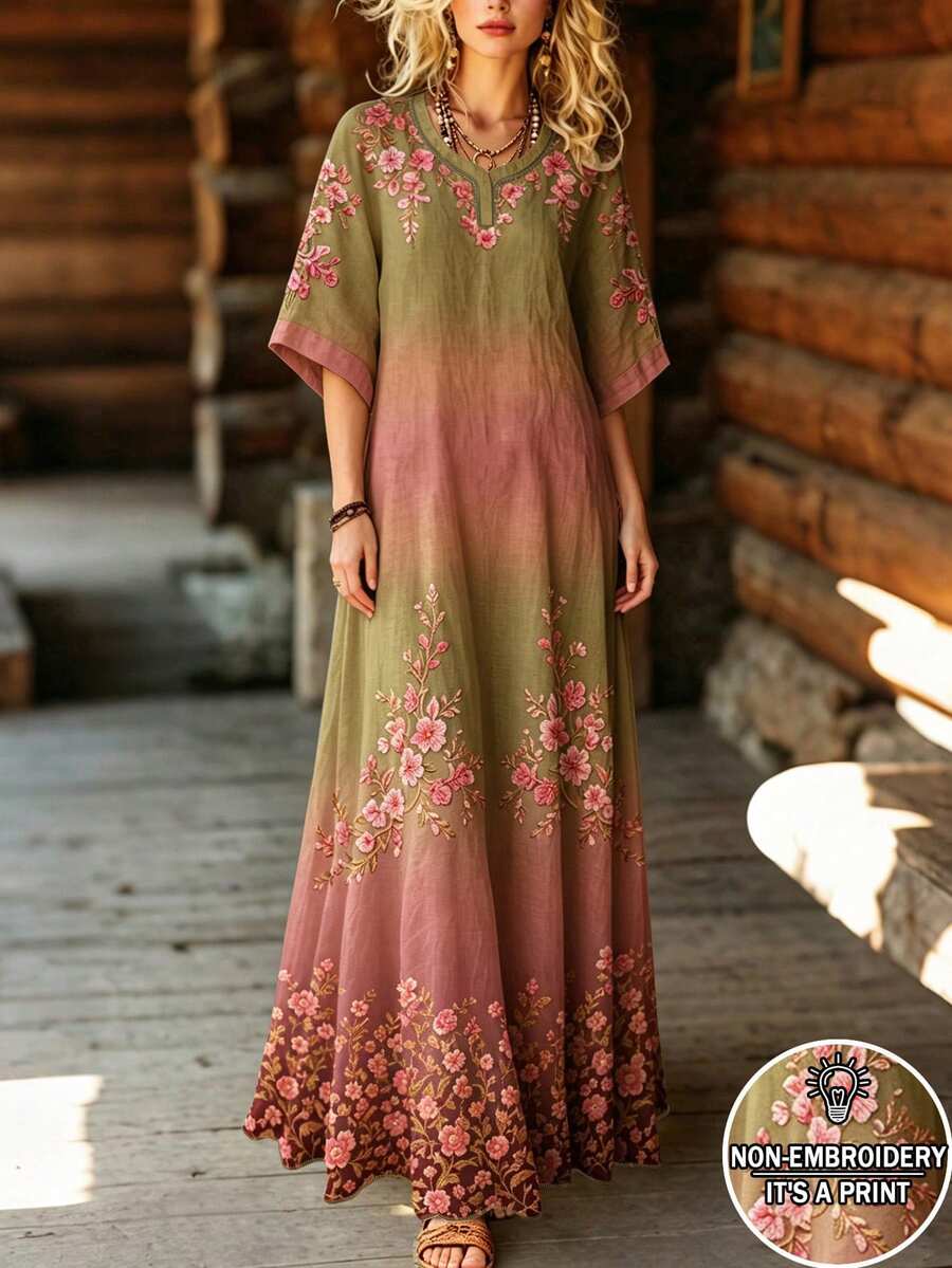 Bytebia Bytebia 波希米亞熱帶風漸層仿刺繡花卉印花長洋裝,森系復古V領七分袖休閒拖地長裙 - 彩色 - 查看 1