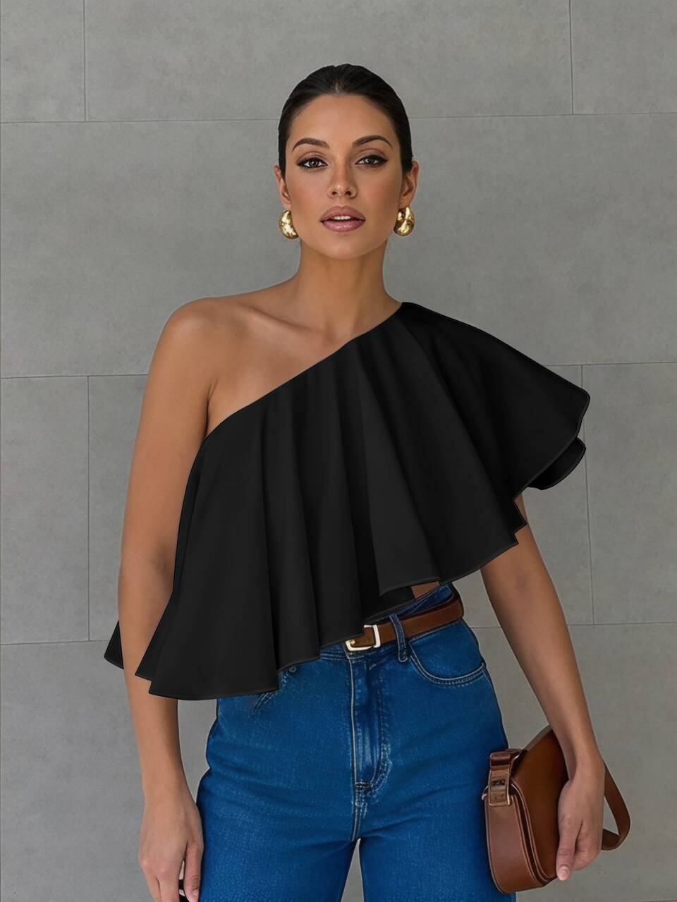 Anewsta Women's New Summer Casual Asymmetric Neck Blouse, Asymmetrical Ruffle Hem, Solid Color, Elegant Top For Daily Wear, Vacation And Commute