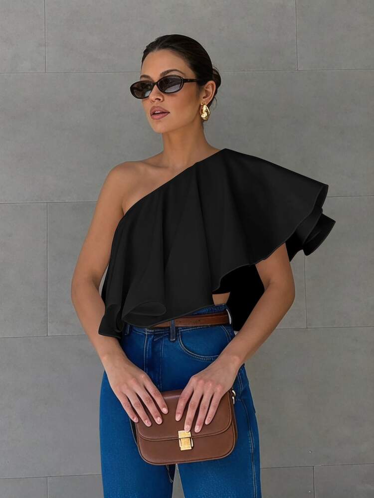 Anewsta Essential Women's Fall Summer Casual Asymmetric Neck Blouse, Asymmetrical Ruffle Hem, Solid Color, Elegant Top For Vacation, Commute, Party, Cocktail Black - Black - View 3