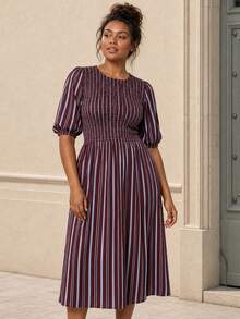 ELLERISSA Gaun Midi Lengan Mengembang dengan Motif Garis-Garis Warna-warni Ukuran Plus - MultiWarna - View 5