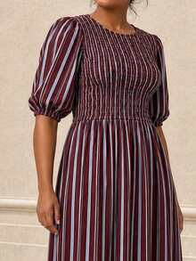 ELLERISSA Gaun Midi Lengan Mengembang dengan Motif Garis-Garis Warna-warni Ukuran Plus - MultiWarna - View 6