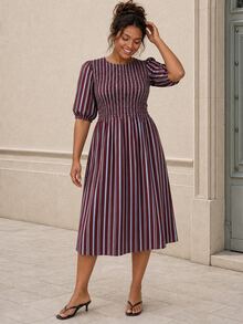 ELLERISSA Gaun Midi Lengan Mengembang dengan Motif Garis-Garis Warna-warni Ukuran Plus - MultiWarna - View 3