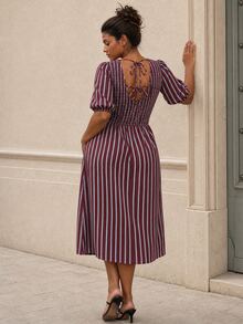ELLERISSA Gaun Midi Lengan Mengembang dengan Motif Garis-Garis Warna-warni Ukuran Plus - MultiWarna - View 2