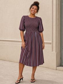 ELLERISSA Gaun Midi Lengan Mengembang dengan Motif Garis-Garis Warna-warni Ukuran Plus - MultiWarna - View 1