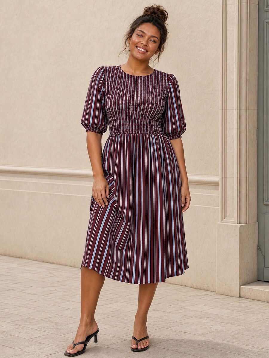 ELLERISSA Gaun Midi Lengan Mengembang dengan Motif Garis-Garis Warna-warni Ukuran Plus - MultiWarna - View 1