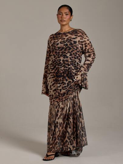 FASHION SZN Plus Size Mesh Leopard Flare Sleeve Dress Autumn Winter Fashion New Season Curve Animal Print Dress Trending Elegant Chic Comfort Stretch Fabric Date Night Brunch Fall Clothes For Women