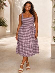 ELLERISSA Plus Size Burgundy Gingham Square Neck Shirred Bodice Midi Dress - Red - View 6
