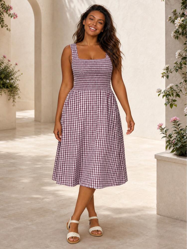 ELLERISSA Plus Size Burgundy Gingham Square Neck Shirred Bodice Midi Dress - Red - View 4