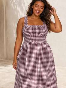 ELLERISSA Plus Size Burgundy Gingham Square Neck Shirred Bodice Midi Dress - Red - View 3