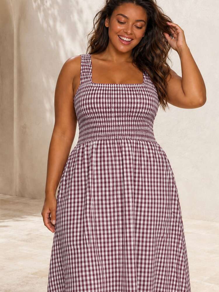 ELLERISSA Plus Size Burgundy Gingham Square Neck Shirred Bodice Midi Dress - Red - View 3