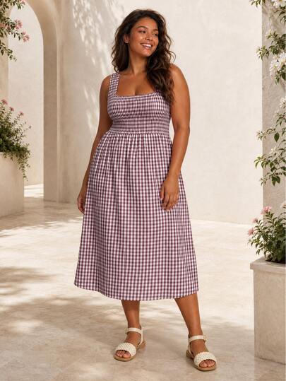ELLERISSA Plus Size Burgundy Gingham Square Neck Shirred Bodice Midi Dress