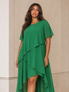 ELLERISSA Plus Size Green Round Neck Short Sleeve Layered High Low Chiffon Dress - Green - View 7