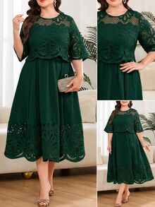 Reflora Gaun Elegan Lengan Pendek Leher Bulat dengan Bordir Berongga untuk Wanita Ukuran Plus - Dark Green - View 2