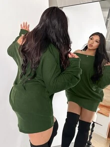 Firerie Plus Size Women's Solid Color Asymmetric Neck Long Sleeve Fashion Dress - Green - View 6