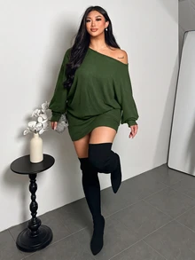 Firerie Plus Size Women's Solid Color Asymmetric Neck Long Sleeve Fashion Dress - Green - View 7