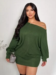 Firerie Plus Size Women's Solid Color Asymmetric Neck Long Sleeve Fashion Dress - Green - View 4