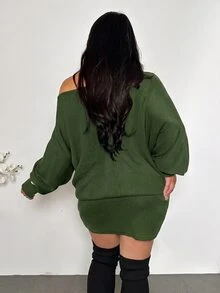 Firerie Plus Size Women's Solid Color Asymmetric Neck Long Sleeve Fashion Dress - Green - View 2