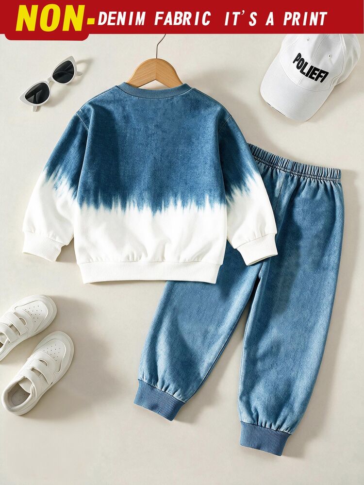 Boys' (Small) Sweatshirt Set, Blue And White Crew Neck Digital Print Long Sleeve Sweatshirt With Denim Effect Pants, Suitable For Indoor And Outdoor Wear In Autumn And Winter - Multicolor - View 3