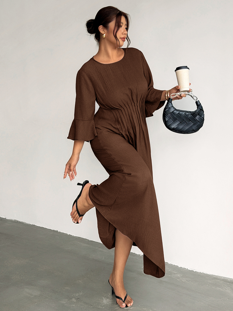 Firerie Plus Size Elegant Commuter Solid Color Waist-Cinching Dress - Mocha Brown - View 6