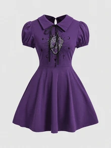 ROMWE Dark Gothic Red Heart Embroidered Pattern Plus Size Women's Short Dress - Purple - View 1