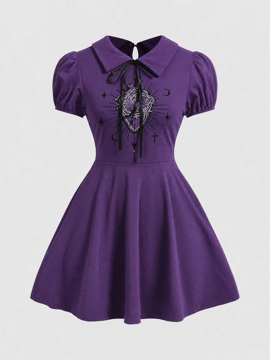 ROMWE Dark Gothic Red Heart Embroidered Pattern Plus Size Women's Short Dress - Purple - View 1