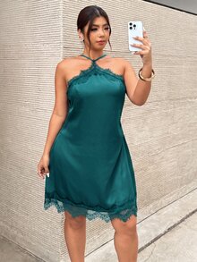Firerie Plus Size Women Elegant Sexy Date Night Music Festival Party Dress Satin Lace Trim Spaghetti Strap Fitted Mini Dress Dark Green Summer - Baby Blue - View 7