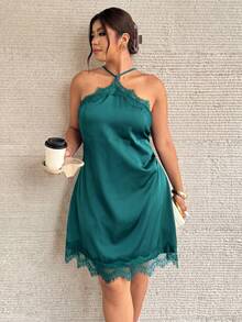 Firerie Plus Size Women Elegant Sexy Date Night Music Festival Party Dress Satin Lace Trim Spaghetti Strap Fitted Mini Dress Dark Green Summer - Baby Blue - View 6