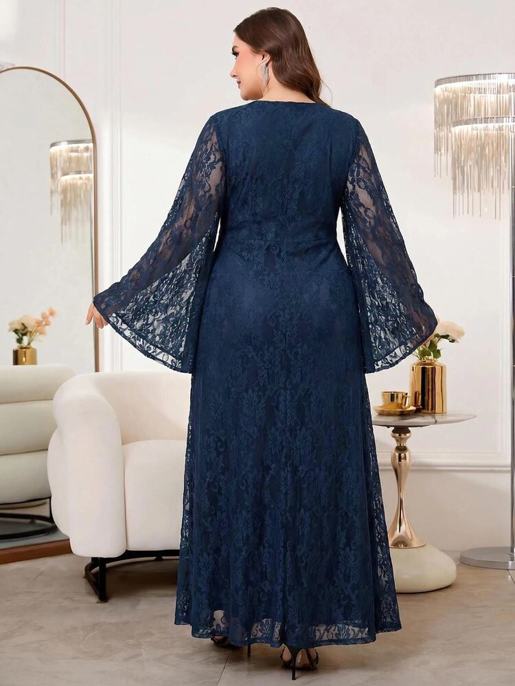 Reflora Plus Size Rhinestone Decorated Lace Ruffle V-Neck Elegant Casual Dress Wedding Evening Dinner Formal Evening Navy Blue Autumn Wedding Fall Wedding - Blue - View 8