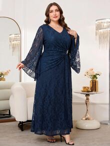 Reflora Plus Size Rhinestone Decorated Lace Ruffle V-Neck Elegant Casual Dress Wedding Evening Dinner Formal Evening Navy Blue Autumn Wedding Fall Wedding - Blue - View 9