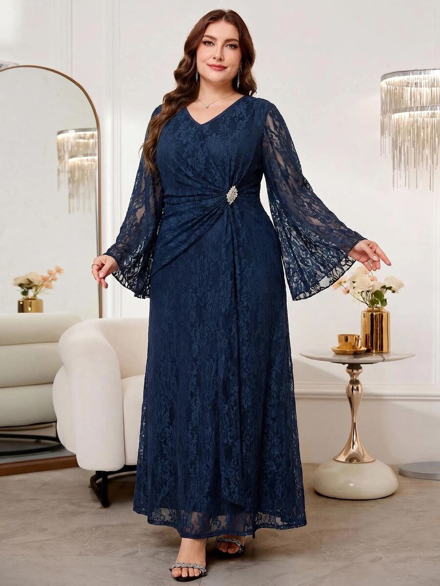 Reflora Plus Size Rhinestone Decorated Lace Ruffle V-Neck Elegant Casual Dress Wedding Formal Christening Guest Evening Dinner Navy Blue Autumn Fall - Blue - View 1