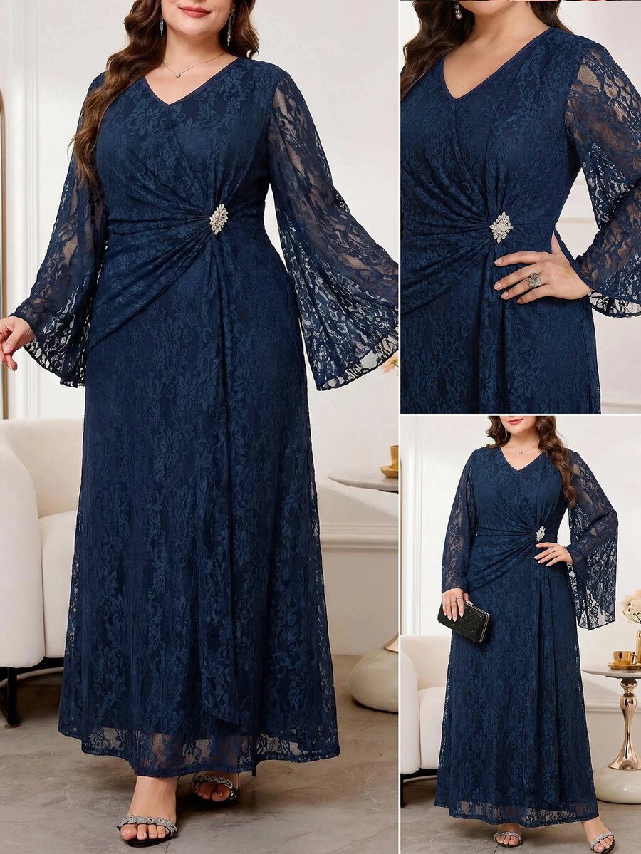 Reflora Plus Size Rhinestone Decorated Lace Ruffle V-Neck Elegant Casual Dress Wedding Evening Dinner Formal Evening Navy Blue Autumn Wedding Fall Wedding - Blue - View 1