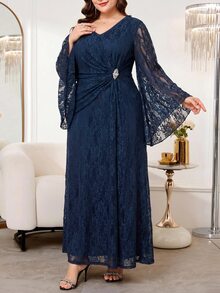 Reflora Plus Size Rhinestone Decorated Lace Ruffle V-Neck Elegant Casual Dress Wedding Evening Dinner Formal Evening Navy Blue Autumn Wedding Fall Wedding - Blue - View 5