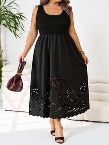 SHEIN CURVE+ 大尺碼女款素色基礎無袖洋裝 - 黑色 - 查看 3