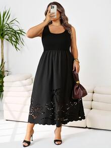 SHEIN CURVE+ 大尺碼女款素色基礎無袖洋裝 - 黑色 - 查看 6