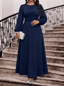 Fleurora Gaun Pesta Kasual Lipit Warna Polos untuk Wanita Ukuran Plus - Navy Blue - View 1