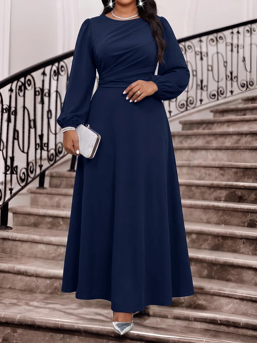 Fleurora Gaun Pesta Kasual Lipit Warna Polos untuk Wanita Ukuran Plus - Navy Blue - View 1