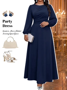 Fleurora Gaun Pesta Kasual Lipit Warna Polos untuk Wanita Ukuran Plus - Navy Blue - View 5