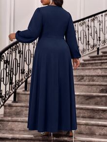 Fleurora Gaun Pesta Kasual Lipit Warna Polos untuk Wanita Ukuran Plus - Navy Blue - View 2