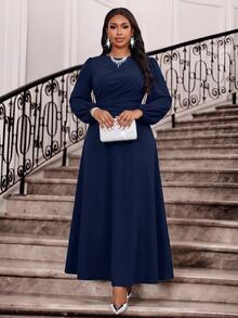 Fleurora Gaun Pesta Kasual Lipit Warna Polos untuk Wanita Ukuran Plus - Navy Blue - View 6