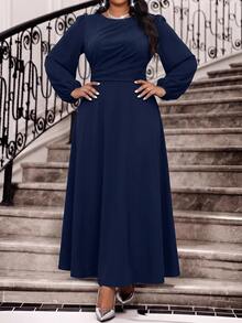 Fleurora Gaun Pesta Kasual Lipit Warna Polos untuk Wanita Ukuran Plus - Navy Blue - View 7