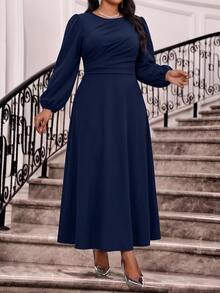 Fleurora Gaun Pesta Kasual Lipit Warna Polos untuk Wanita Ukuran Plus - Navy Blue - View 3