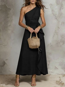 SHEIN Clasi Plus Size Women's Solid Color One Shoulder Patchwork Ruffle Elegant Sleeveless Dress - Black - View 3