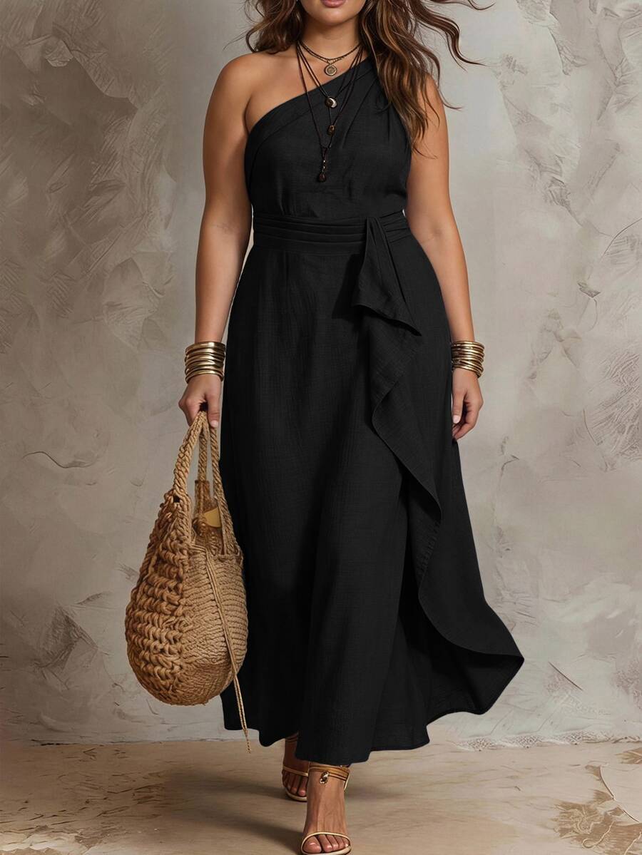 SHEIN Clasi Plus Size Women's Solid Color One Shoulder Patchwork Ruffle Elegant Sleeveless Dress - Black - View 1
