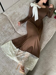 Modelyn Vestido elegante y romántico de mujer color marrón con hombros descubiertos, encaje en contraste y detalle de lazo – Adecuado para otoño, regreso a la escuela, Día Nacional y Año Nuevo - Café - Ver 9