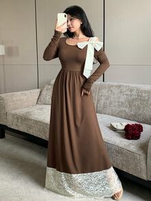 Modelyn Vestido elegante y romántico de mujer color marrón con hombros descubiertos, encaje en contraste y detalle de lazo – Adecuado para otoño, regreso a la escuela, Día Nacional y Año Nuevo - Café - Ver 6