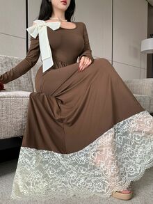 Modelyn Vestido elegante y romántico de mujer color marrón con hombros descubiertos, encaje en contraste y detalle de lazo – Adecuado para otoño, regreso a la escuela, Día Nacional y Año Nuevo - Café - Ver 7