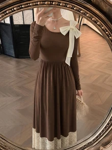 Modelyn Vestido elegante y romántico de mujer color marrón con hombros descubiertos, encaje en contraste y detalle de lazo – Adecuado para otoño, regreso a la escuela, Día Nacional y Año Nuevo - Café - Ver 8