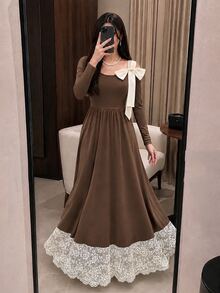 Modelyn Vestido elegante y romántico de mujer color marrón con hombros descubiertos, encaje en contraste y detalle de lazo – Adecuado para otoño, regreso a la escuela, Día Nacional y Año Nuevo - Café - Ver 2